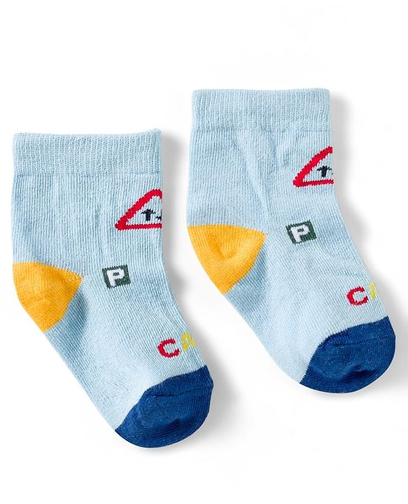 Cute Walk by Babyhug Knit Ankle Length Anti Bacterial Socks with Vehicle Design Pack of 3 - Red & Light Blue