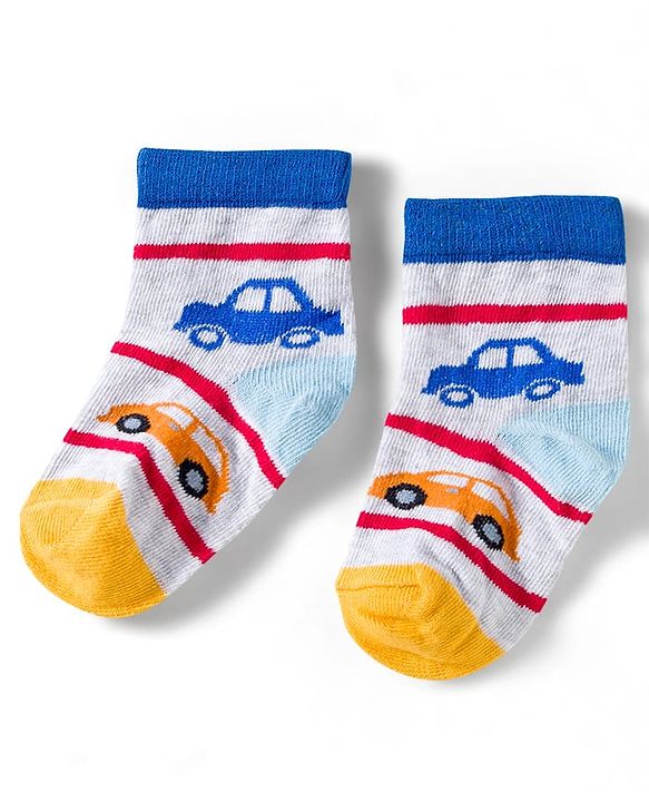 Cute Walk by Babyhug Knit Ankle Length Anti Bacterial Socks with Vehicle Design Pack of 3 - Red & Light Blue