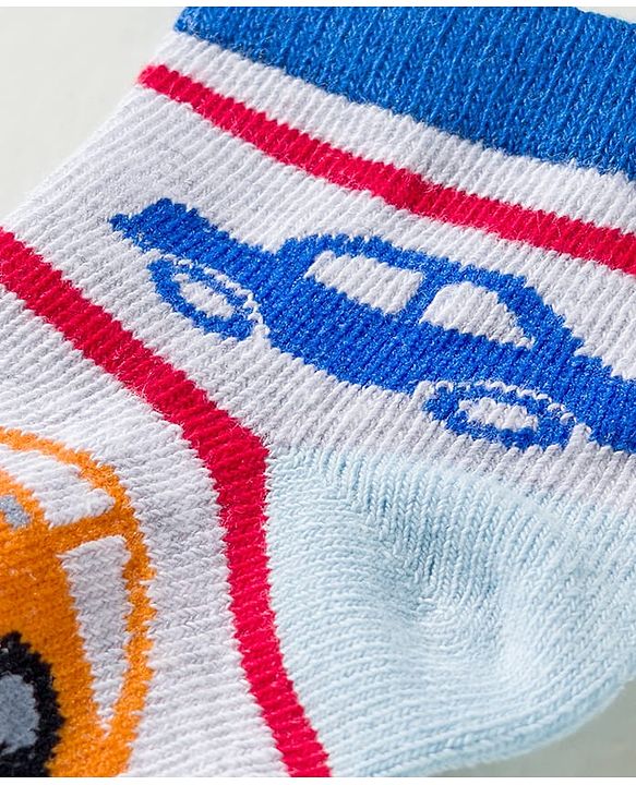 Cute Walk by Babyhug Knit Ankle Length Anti Bacterial Socks with Vehicle Design Pack of 3 - Red & Light Blue