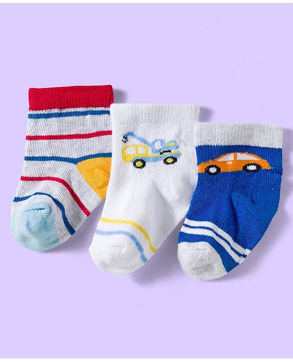 Cute Walk by Babyhug Knit Ankle Length Anti Bacterial Socks with Vehicle & Stripes Pack of 3 - White & Blue