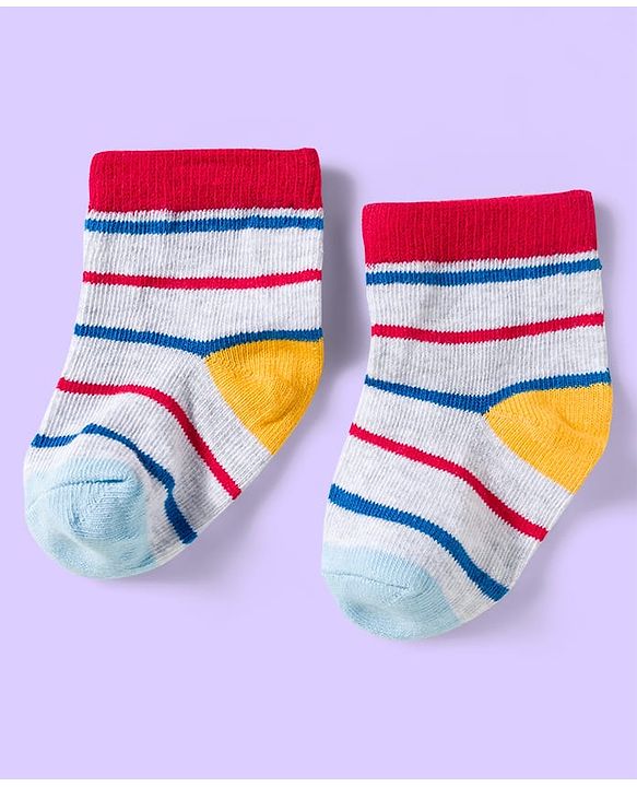 Cute Walk by Babyhug Knit Ankle Length Anti Bacterial Socks with Vehicle & Stripes Pack of 3 - White & Blue