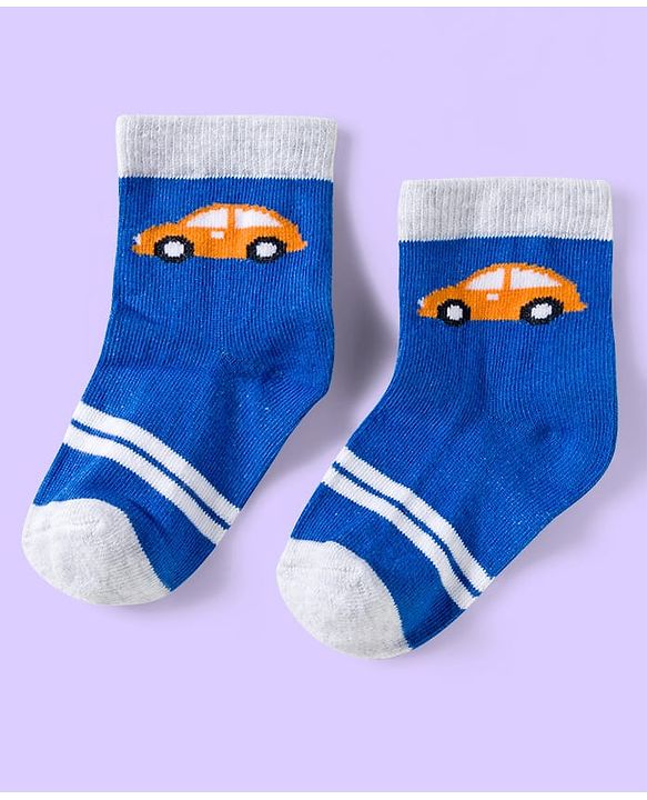 Cute Walk by Babyhug Knit Ankle Length Anti Bacterial Socks with Vehicle & Stripes Pack of 3 - White & Blue