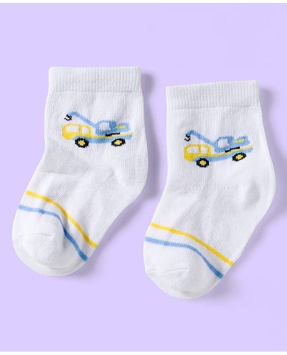 Cute Walk by Babyhug Knit Ankle Length Anti Bacterial Socks with Vehicle & Stripes Pack of 3 - White & Blue