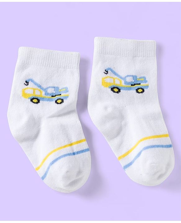 Cute Walk by Babyhug Knit Ankle Length Anti Bacterial Socks with Vehicle & Stripes Pack of 3 - White & Blue