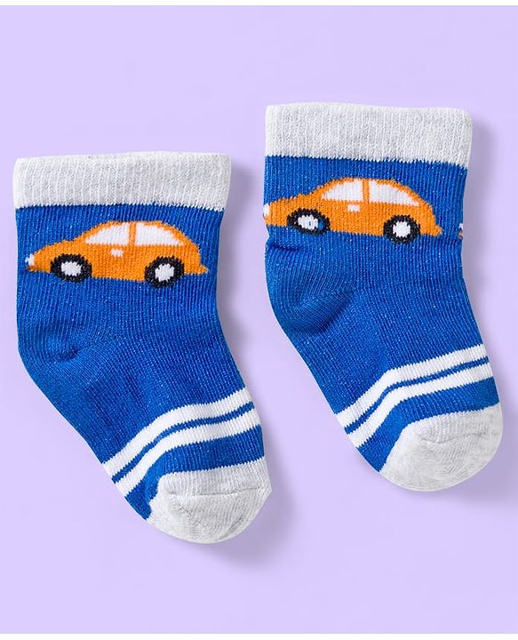 Cute Walk by Babyhug Knit Ankle Length Anti Bacterial Socks with Vehicle & Stripes Pack of 3 - White & Blue