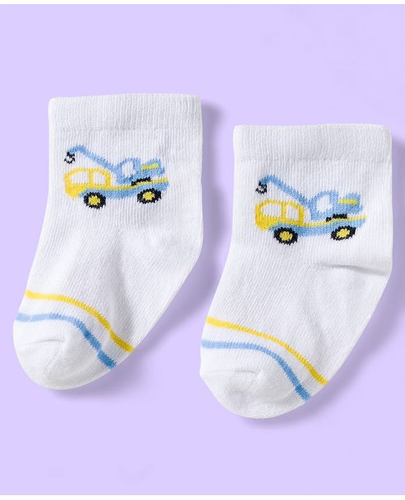 Cute Walk by Babyhug Knit Ankle Length Anti Bacterial Socks with Vehicle & Stripes Pack of 3 - White & Blue