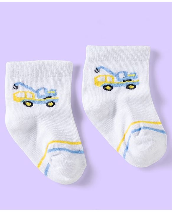Cute Walk by Babyhug Knit Ankle Length Anti Bacterial Socks with Vehicle & Stripes Pack of 3 - White & Blue
