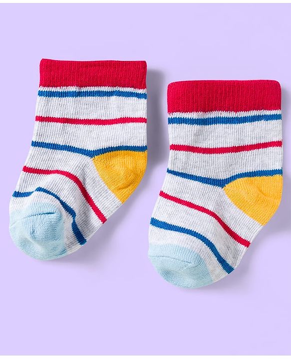 Cute Walk by Babyhug Knit Ankle Length Anti Bacterial Socks with Vehicle & Stripes Pack of 3 - White & Blue