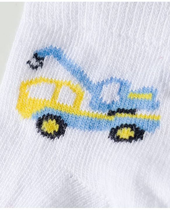 Cute Walk by Babyhug Knit Ankle Length Anti Bacterial Socks with Vehicle & Stripes Pack of 3 - White & Blue