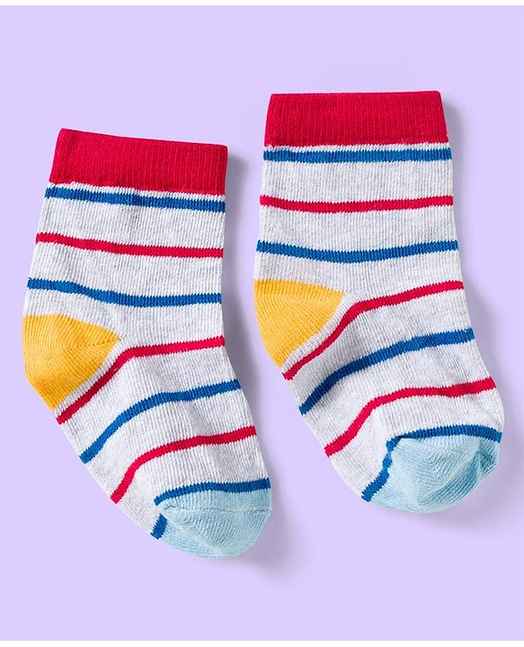 Cute Walk by Babyhug Knit Ankle Length Anti Bacterial Socks with Vehicle & Stripes Pack of 3 - White & Blue