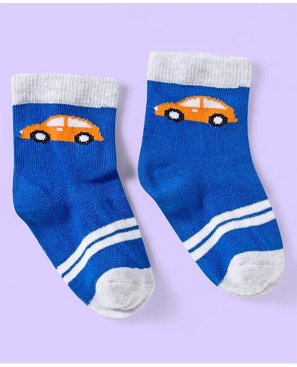 Cute Walk by Babyhug Knit Ankle Length Anti Bacterial Socks with Vehicle & Stripes Pack of 3 - White & Blue
