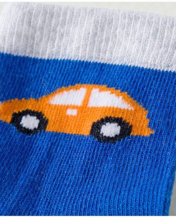 Cute Walk by Babyhug Knit Ankle Length Anti Bacterial Socks with Vehicle & Stripes Pack of 3 - White & Blue