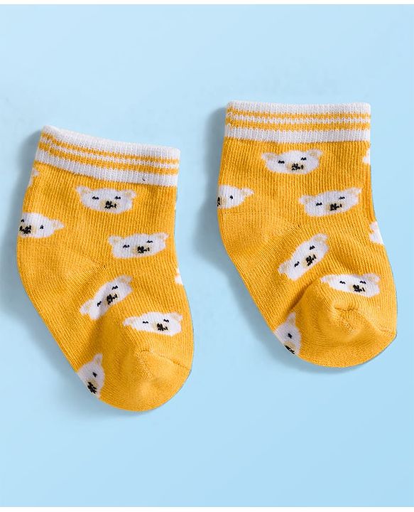 Cute Walk by Babyhug Knit Ankle Length Anti Bacterial Socks with Stripes & Bear Design Pack of 5 - Yellow & Green