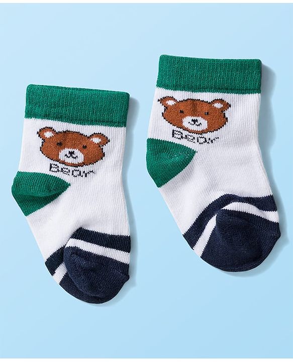 Cute Walk by Babyhug Knit Ankle Length Anti Bacterial Socks with Stripes & Bear Design Pack of 5 - Yellow & Green