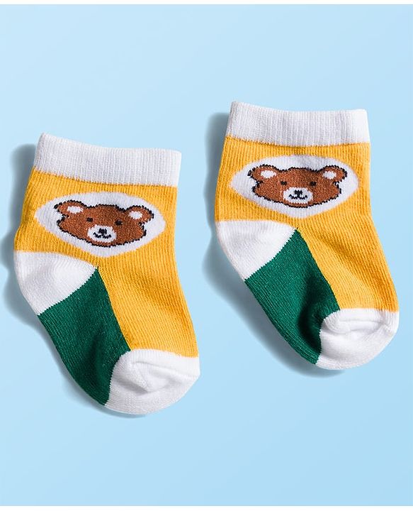 Cute Walk by Babyhug Knit Ankle Length Anti Bacterial Socks with Stripes & Bear Design Pack of 5 - Yellow & Green