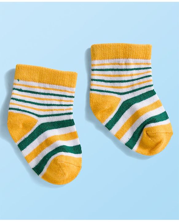 Cute Walk by Babyhug Knit Ankle Length Anti Bacterial Socks with Stripes & Bear Design Pack of 5 - Yellow & Green