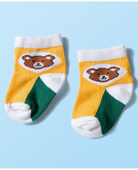 Cute Walk by Babyhug Knit Ankle Length Anti Bacterial Socks with Stripes & Bear Design Pack of 5 - Yellow & Green