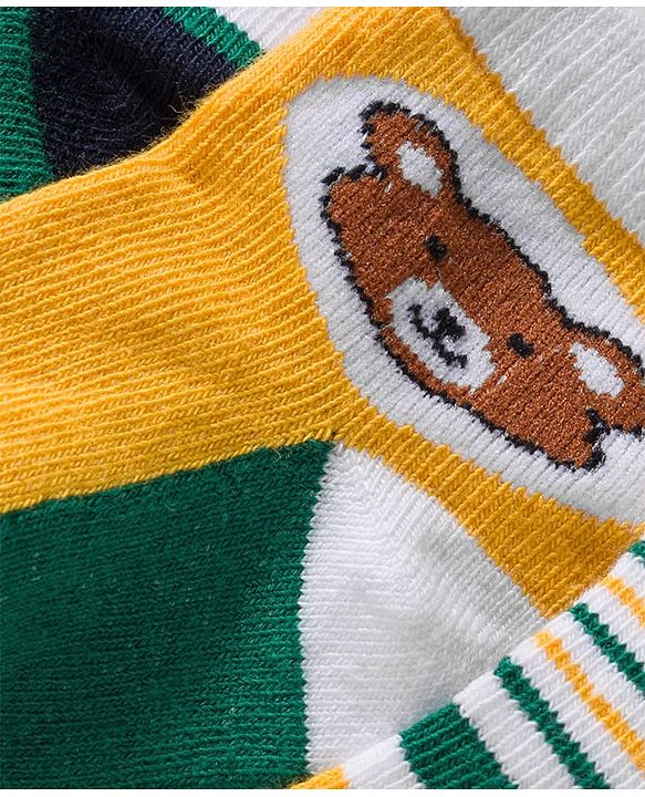 Cute Walk by Babyhug Knit Ankle Length Anti Bacterial Socks with Stripes & Bear Design Pack of 5 - Yellow & Green