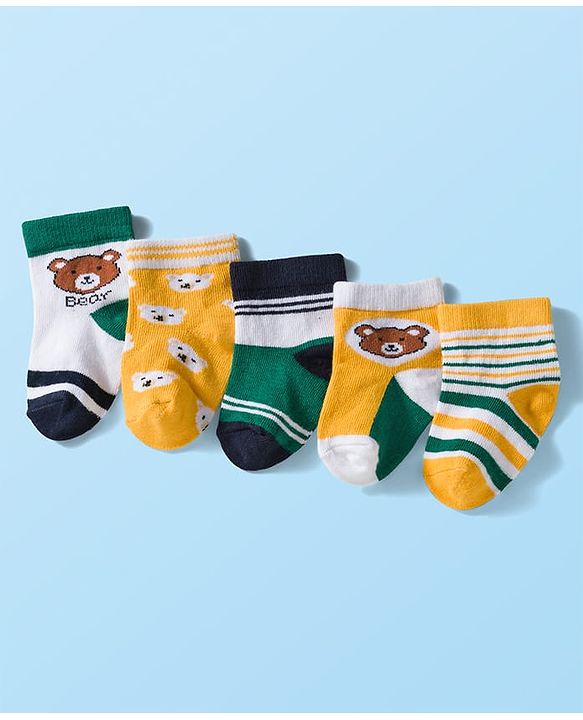 Cute Walk by Babyhug Knit Ankle Length Anti Bacterial Socks with Stripes & Bear Design Pack of 5 - Yellow & Green