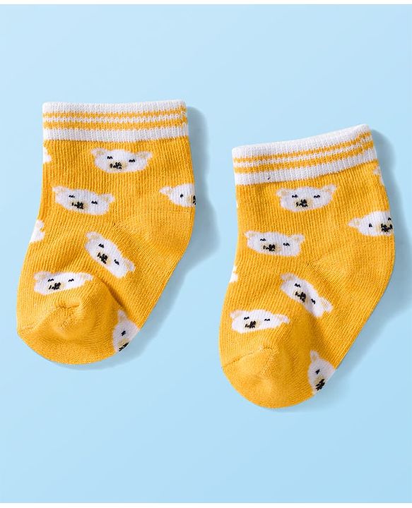 Cute Walk by Babyhug Knit Ankle Length Anti Bacterial Socks with Stripes & Bear Design Pack of 5 - Yellow & Green