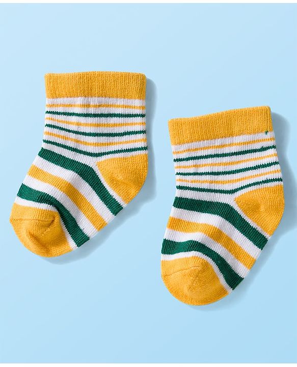 Cute Walk by Babyhug Knit Ankle Length Anti Bacterial Socks with Stripes & Bear Design Pack of 5 - Yellow & Green