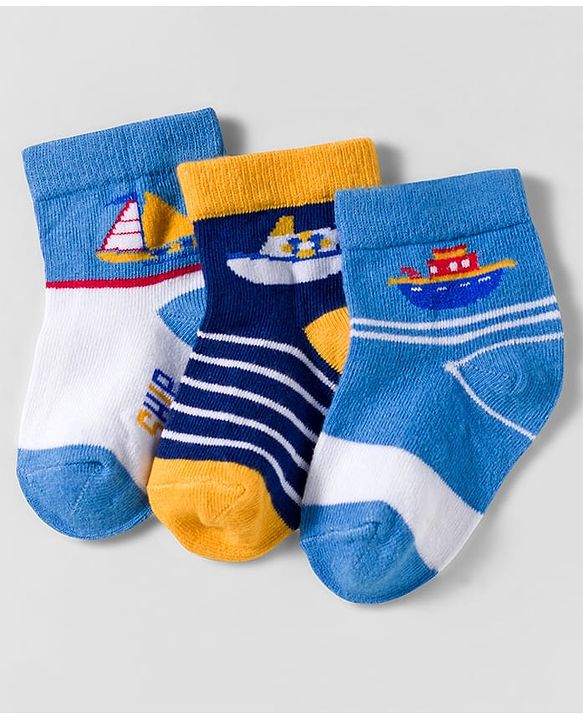 Cute Walk by Babyhug Knit Anti Bacterial Ankle Length Socks With Boat Design Pack of 3 - Multicolor
