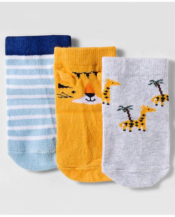 Cute Walk by Babyhug Knit Anti Bacterial Ankle Length Socks With Animal Design Pack of 3 - Multicolor