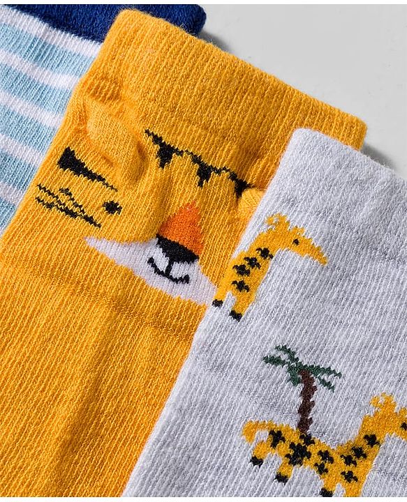 Cute Walk by Babyhug Knit Anti Bacterial Ankle Length Socks With Animal Design Pack of 3 - Multicolor
