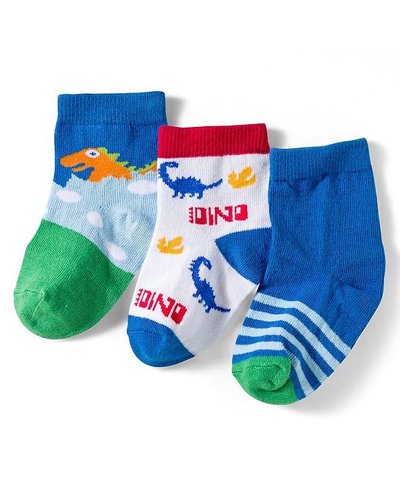 Cute Walk by Babyhug Knit Ankle Length Anti Bacterial Socks with Dino & Stripes Design Pack of 3 - White & Blue