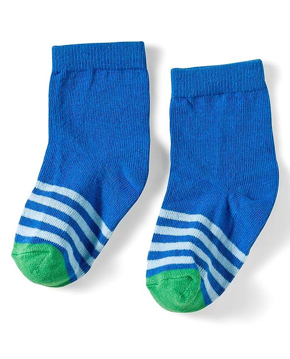 Cute Walk by Babyhug Knit Ankle Length Anti Bacterial Socks with Dino & Stripes Design Pack of 3 - White & Blue