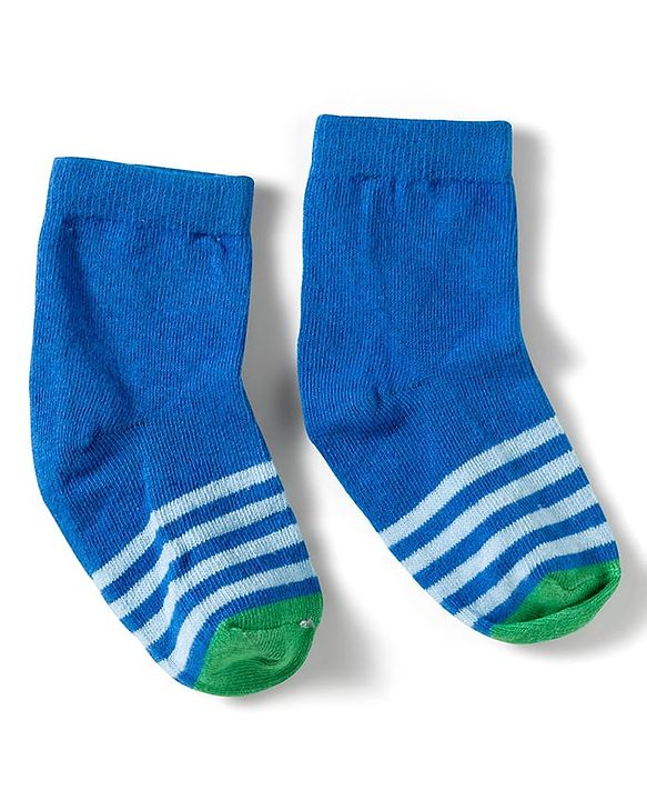 Cute Walk by Babyhug Knit Ankle Length Anti Bacterial Socks with Dino & Stripes Design Pack of 3 - White & Blue