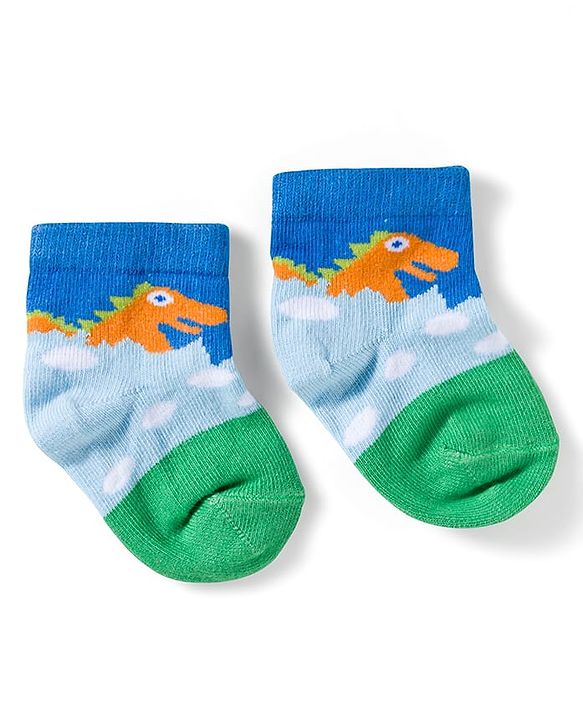 Cute Walk by Babyhug Knit Ankle Length Anti Bacterial Socks with Dino & Stripes Design Pack of 3 - White & Blue