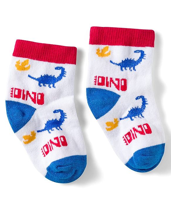 Cute Walk by Babyhug Knit Ankle Length Anti Bacterial Socks with Dino & Stripes Design Pack of 3 - White & Blue