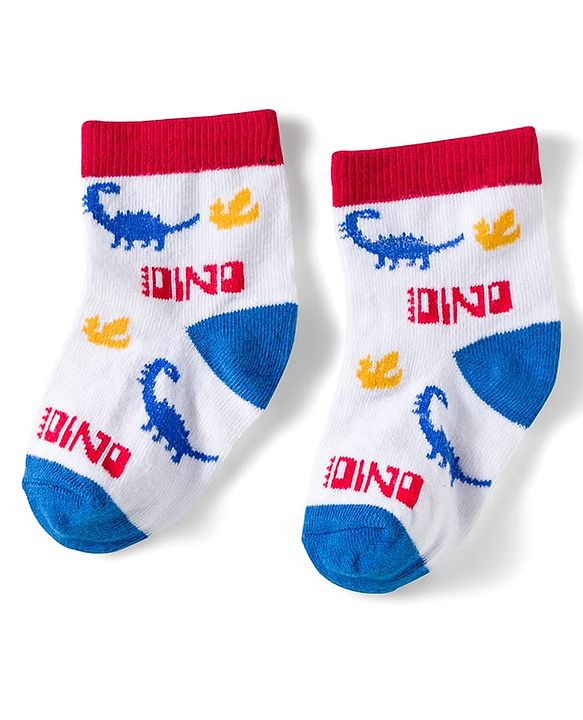 Cute Walk by Babyhug Knit Ankle Length Anti Bacterial Socks with Dino & Stripes Design Pack of 3 - White & Blue