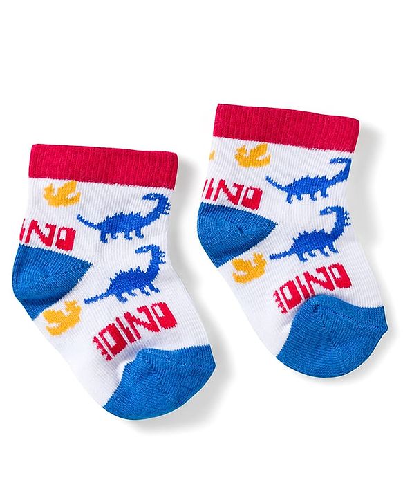 Cute Walk by Babyhug Knit Ankle Length Anti Bacterial Socks with Dino & Stripes Design Pack of 3 - White & Blue
