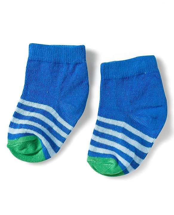 Cute Walk by Babyhug Knit Ankle Length Anti Bacterial Socks with Dino & Stripes Design Pack of 3 - White & Blue