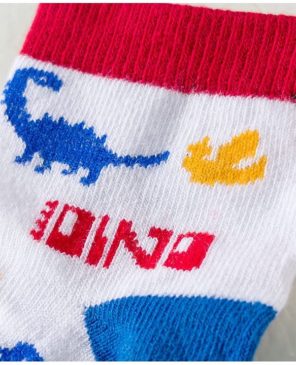 Cute Walk by Babyhug Knit Ankle Length Anti Bacterial Socks with Dino & Stripes Design Pack of 3 - White & Blue
