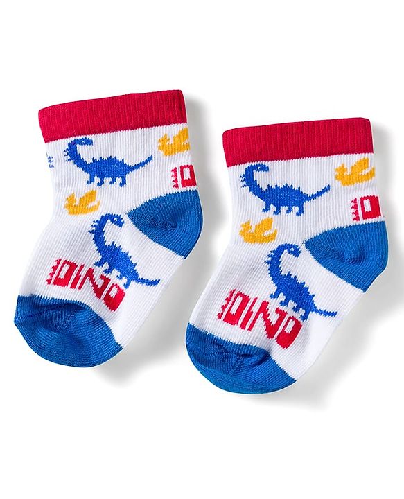 Cute Walk by Babyhug Knit Ankle Length Anti Bacterial Socks with Dino & Stripes Design Pack of 3 - White & Blue