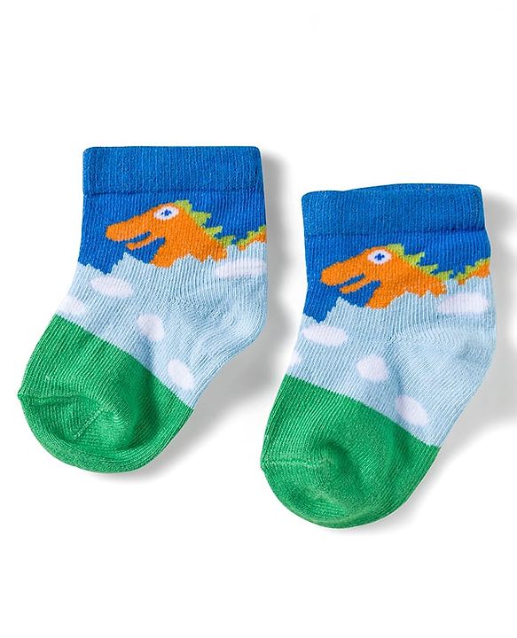 Cute Walk by Babyhug Knit Ankle Length Anti Bacterial Socks with Dino & Stripes Design Pack of 3 - White & Blue