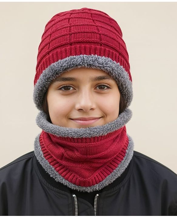 Pine Kids Knit Woollen Cap & Muffler Set Maroon - Diameter 14 cm