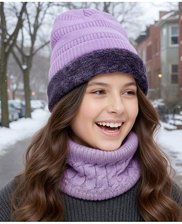 Pine Kids Knitted Solid Woollen Cap & Muffler Lilac - Diameter 18 cm