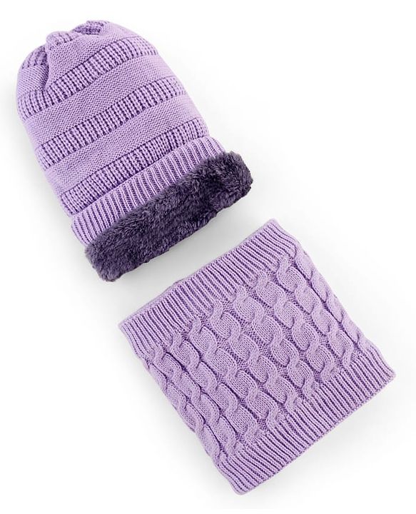 Pine Kids Knitted Solid Woollen Cap & Muffler Lilac - Diameter 18 cm