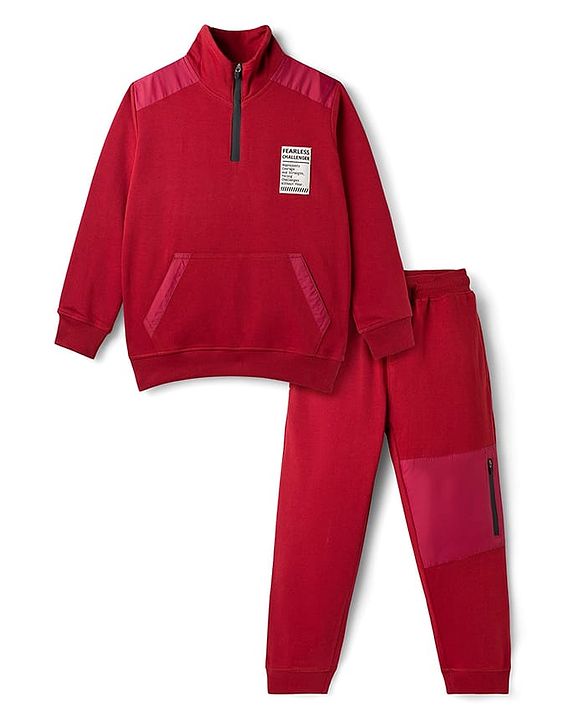 Pine Kids Looper Knit Winter Wear Solid Color T-Shirt & Joggers Set With Kangaroo Pocket - Maroon