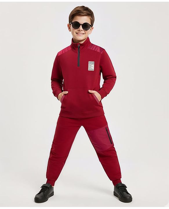 Pine Kids Looper Knit Winter Wear Solid Color T-Shirt & Joggers Set With Kangaroo Pocket - Maroon