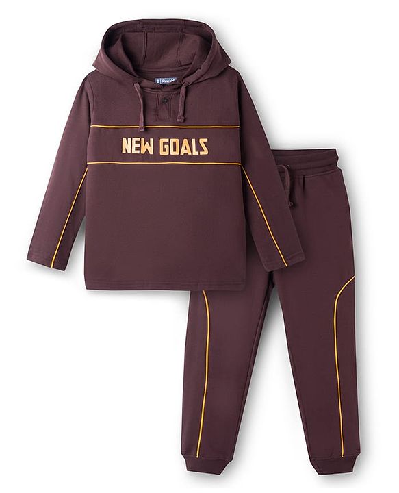 Pine Kids Looper Knit Full Sleeves Winter Wear Hooded T-Shirt & Joggers Set with New Goals Text Print - Dark Brown