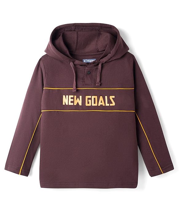 Pine Kids Looper Knit Full Sleeves Winter Wear Hooded T-Shirt & Joggers Set with New Goals Text Print - Dark Brown