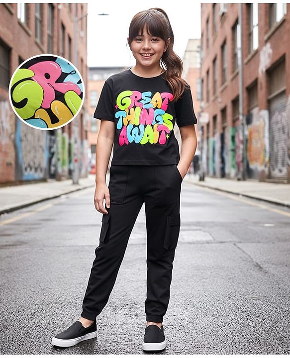 Pine Kids Single Jersey Knit Half Drop Shoulder Sleeves Top & Pant Set with Great Things Await Print - Black