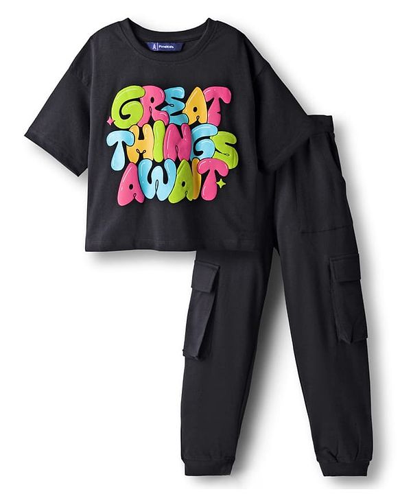 Pine Kids Single Jersey Knit Half Drop Shoulder Sleeves Top & Pant Set with Great Things Await Print - Black