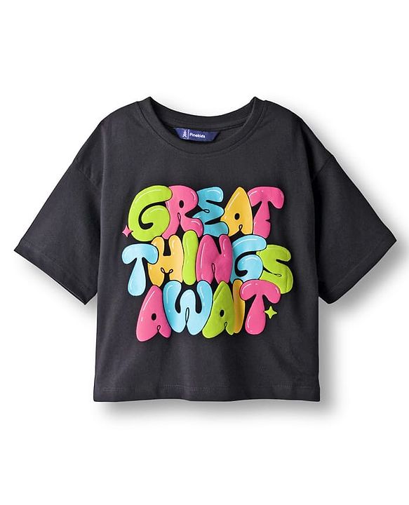 Pine Kids Single Jersey Knit Half Drop Shoulder Sleeves Top & Pant Set with Great Things Await Print - Black