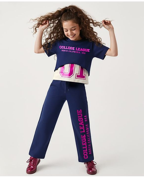 Pine Kids Single Jersey Knit Half Sleeves Twofer Style Top and Palazzo Set with College League Print - Navy Blue & Grey